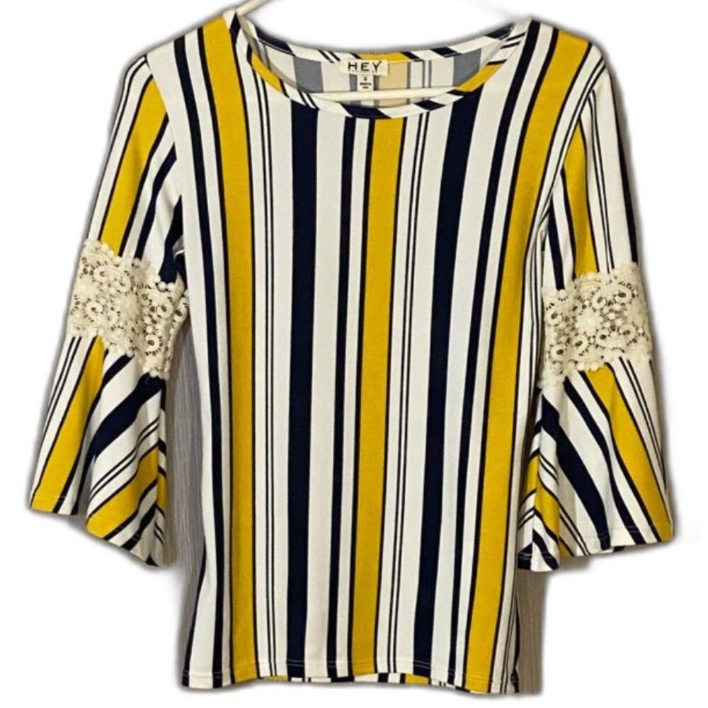 HEY Collection Women's Small Striped Bell Sleeve Top Lace Accent Yellow Navy Wht